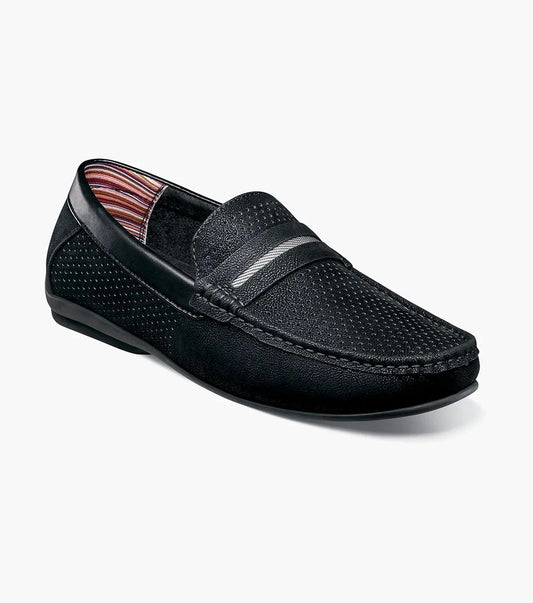 The Stacy Adams Corby Moc Toe Saddle Slip On in black (25513-001) features a perforated textured upper with two diagonal stripes and a colorful striped interior. This casual warm-weather shoe from STACY ADAMS is designed with leather linings for enhanced comfort and style.