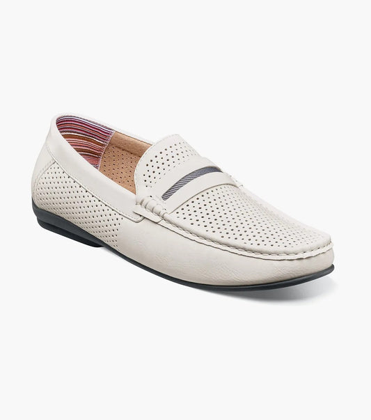 Stacy Adams' CORBY Moc Toe Saddle Slip On in white (25513-100) features a perforated design with a penny strap, pointy toe, and layered sole, making it the perfect casual shoe for warm weather. The loafer is displayed against a plain background.