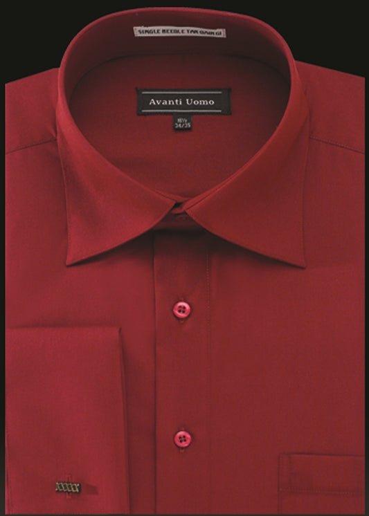 Close-up of a neatly folded Avanti Uomo French Cuff Dress Shirt DN32M Crimson, with a visible label reading "AVANTI UOMO," featuring a front pocket and button details.