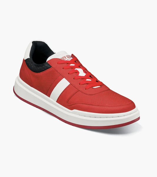 The Stacy Adams CURRIER Moc Toe Lace Up Sneaker in red features a sleek suede upper with black and white accents, a comfortable EVA insole, and is complete with a durable white sole.