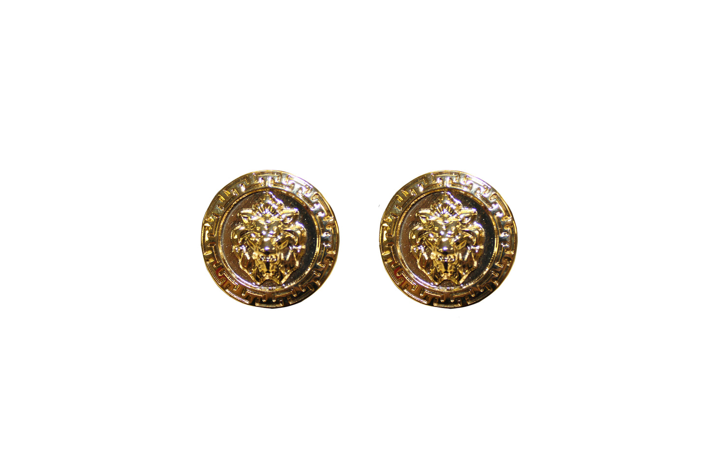 Emilio Franco Couture presents these elegant gold and black circular cufflinks, featuring a distinguished raised lion's head design.