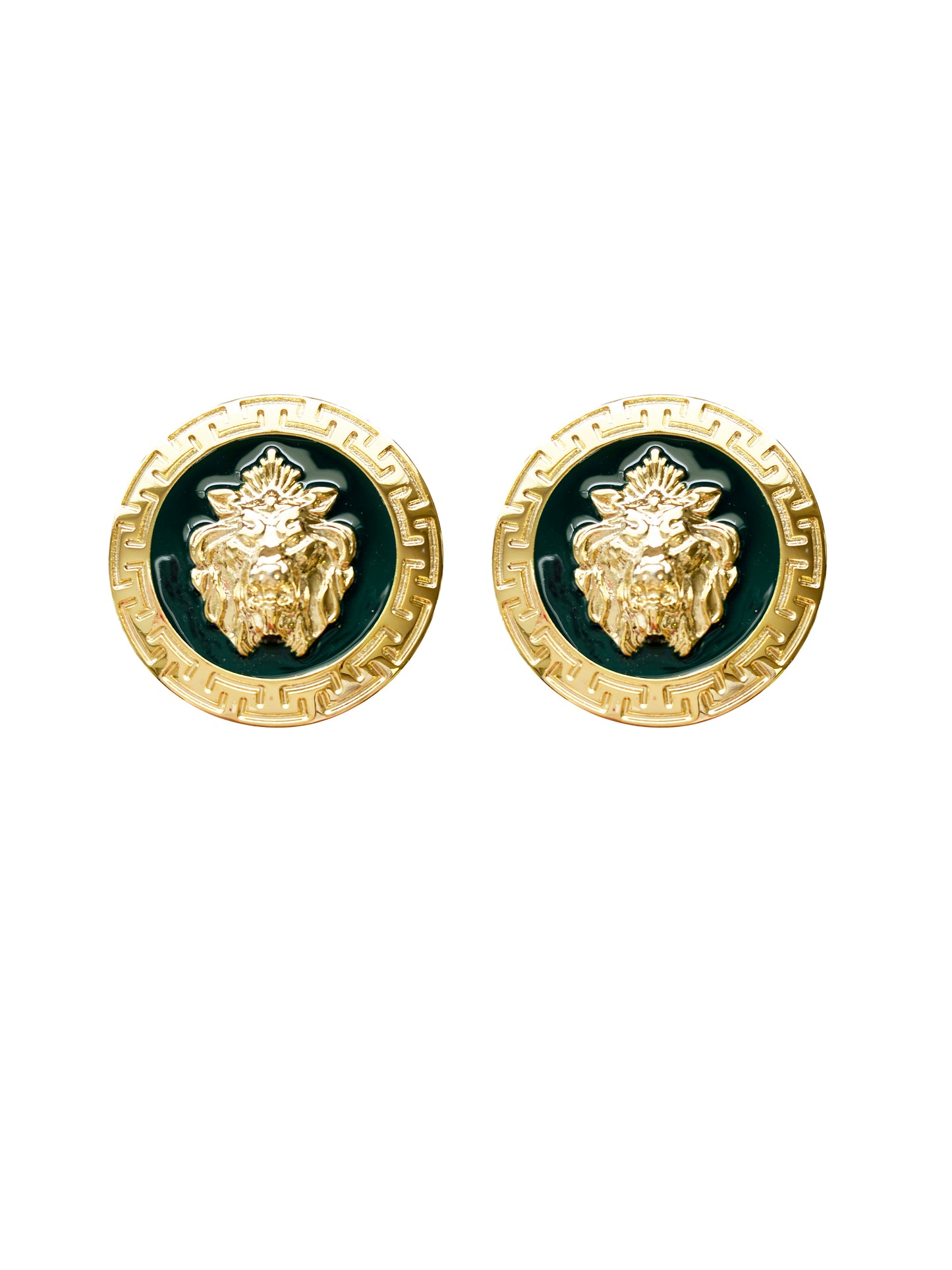 Emilio Franco Couture presents these elegant gold and black circular cufflinks, featuring a distinguished raised lion's head design.