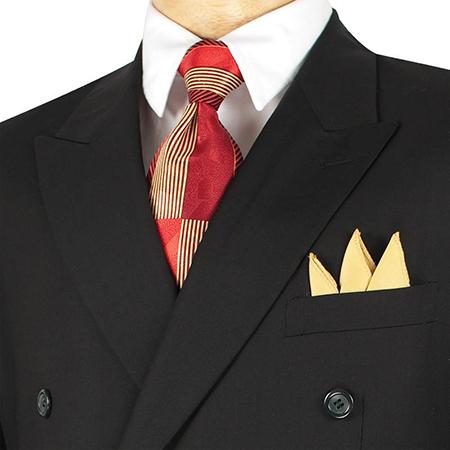 Displaying sophistication and functionality, the Vinci Regular Fit Double Breasted 2 Piece Suit (Black) DC900-1 by Vinci Suits is showcased on a mannequin, complemented perfectly with a striking red and gold striped tie and a yellow pocket square.