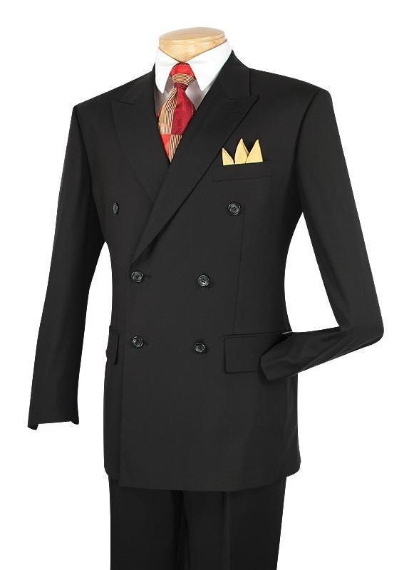 Displaying sophistication and functionality, the Vinci Regular Fit Double Breasted 2 Piece Suit (Black) DC900-1 by Vinci Suits is showcased on a mannequin, complemented perfectly with a striking red and gold striped tie and a yellow pocket square.