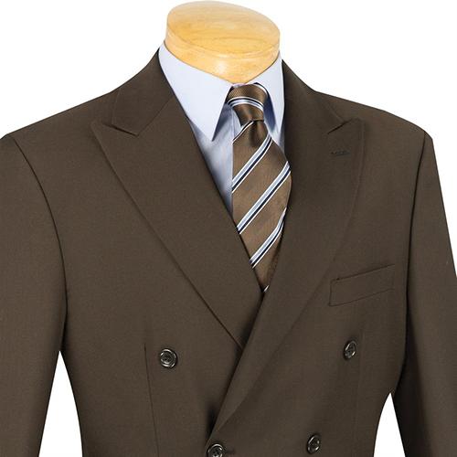 A mannequin displays the Vinci Regular Fit Double Breasted 2 Piece Suit in dark brown, paired with a light blue shirt and a brown striped tie.