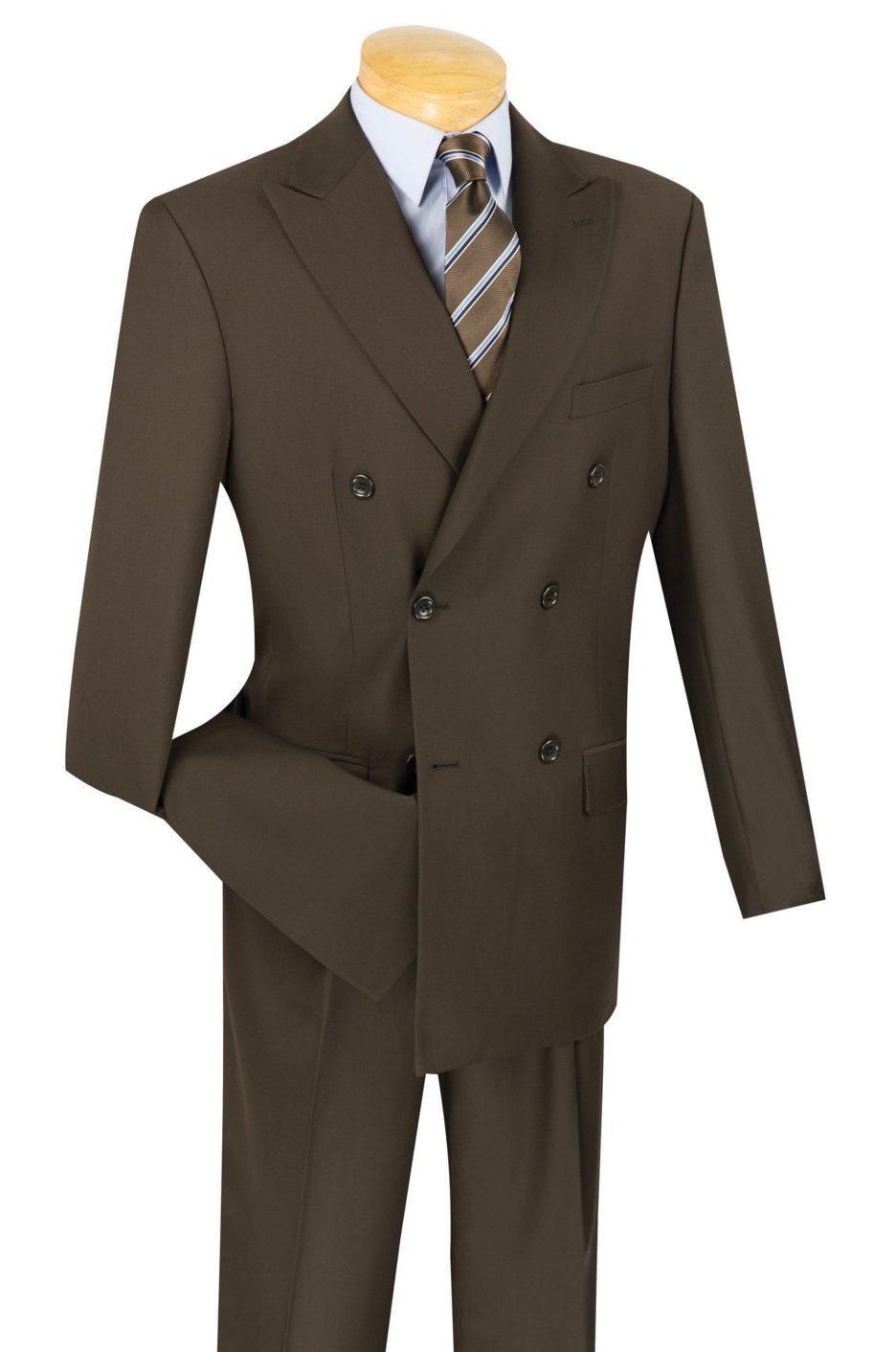 A mannequin displays the Vinci Regular Fit Double Breasted 2 Piece Suit in dark brown, paired with a light blue shirt and a brown striped tie.