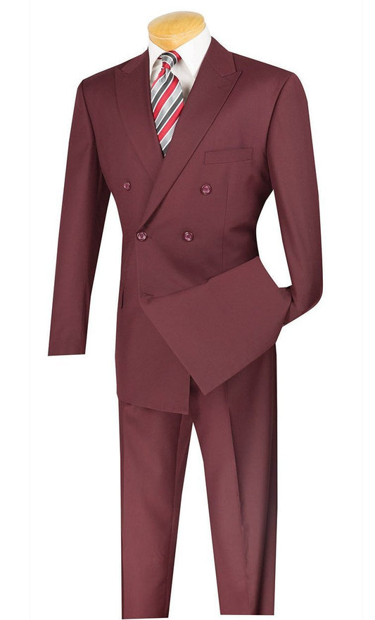 The mannequin is elegantly dressed in a Vinci Suits regular fit double-breasted 2-piece suit, model DC900-1, in burgundy.