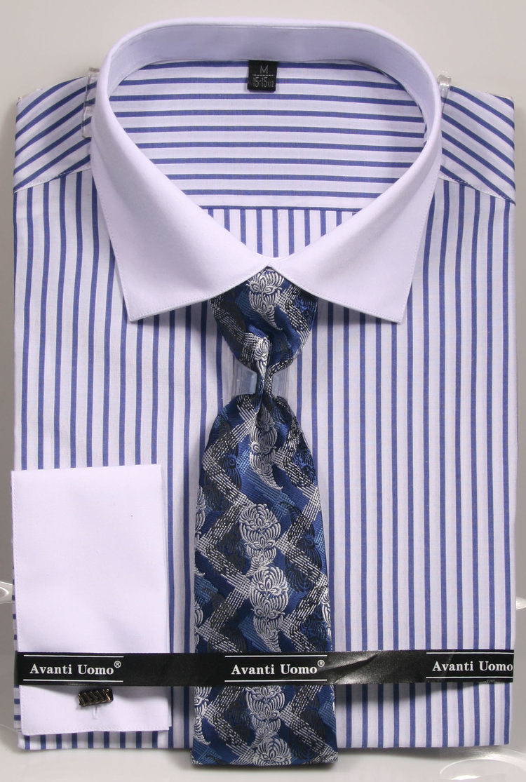 The Avanti Uomo French Cuff Dress Shirt DNS02 in blue (Slim Fit), featuring a striped design with a white collar and cuffs, is neatly paired with a patterned blue tie, showcasing the AVANTI UOMO brand label.