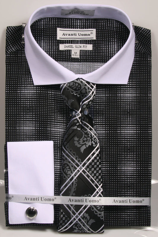 The Avanti Uomo French Cut Dress Shirt DNS03 Black (Slim Fit) by AVANTI UOMO is a black and white patterned shirt made from a luxurious cotton-polyester blend. It comes paired with a sleek tie, featuring crisp white collar and cuffs, elegantly adorned with cufflinks for a sophisticated touch.