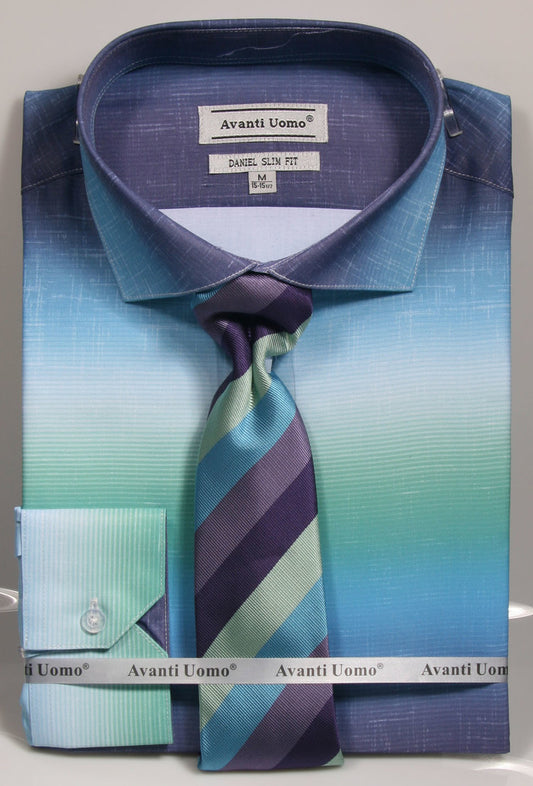 Avanti Uomo Dress Shirt DNS04 Aqua (Slim Fit) by AVANTI UOMO, featuring a gradient blue and green design, comes with a matching tie and pocket square, beautifully displayed in packaging.