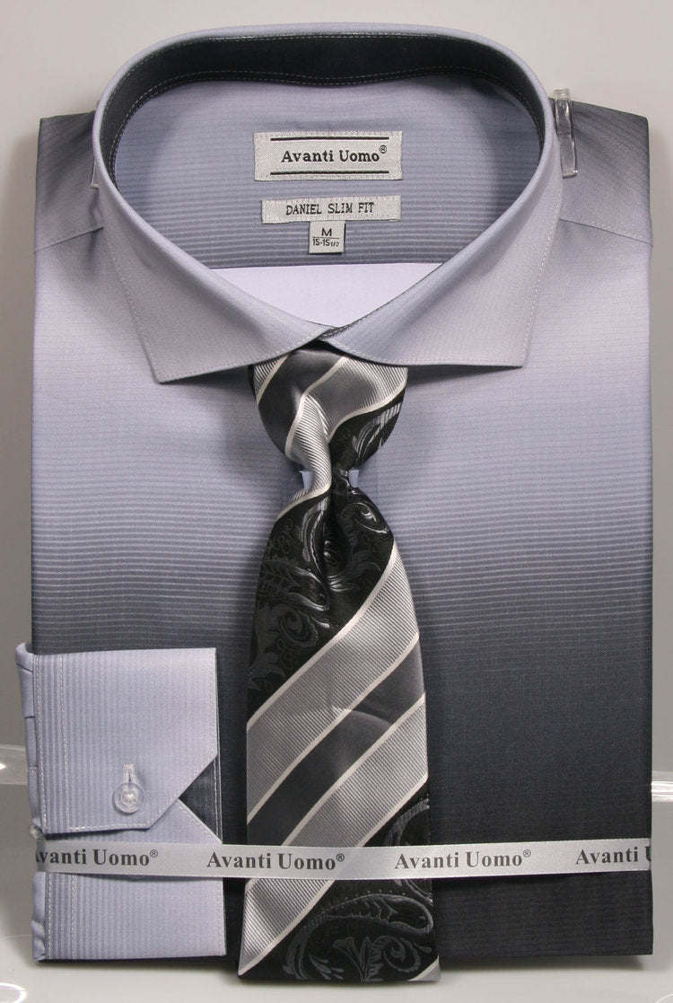 An Avanti Uomo Dress Shirt DNS04 in Black (Slim Fit) paired with a neatly folded gradient gray dress shirt and a patterned black and silver tie.