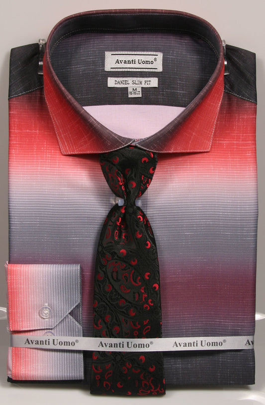 Folded Avanti Uomo Dress Shirt DNS04 in red with a gray gradient, paired with a black and red patterned tie, branded AVANTI UOMO.