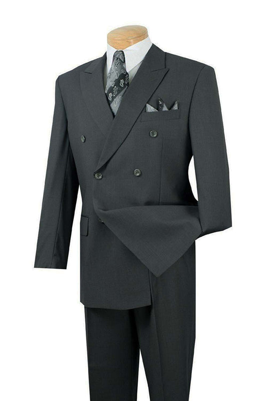 A mannequin showcases the Vinci Regular Fit Double Breasted 2 Piece Suit in Charcoal by Vinci Suits, complemented by a stylish patterned tie and pocket square.