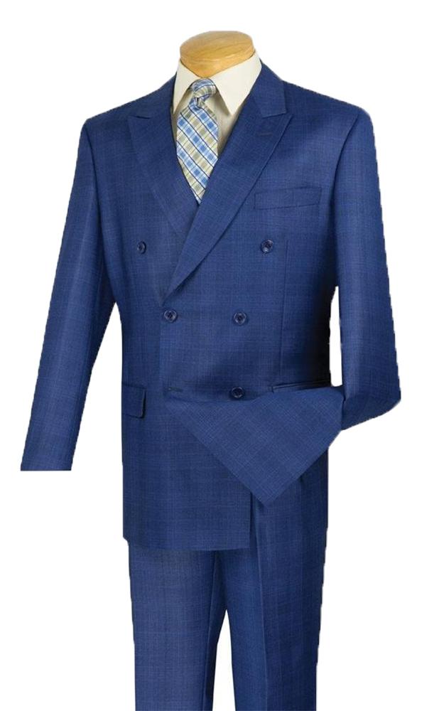 The Vinci Regular Fit Double Breasted Glen Plaid 2 Piece Suit in blue, featuring a wrinkle-resistant design, is displayed on a mannequin with a light shirt and a blue patterned tie.