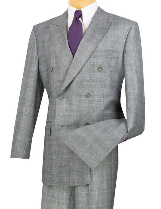 Showcased on a mannequin, the Vinci Regular Fit Double Breasted Glen Plaid 2 Piece Suit in gray from Vinci Suits is elegantly complemented by a purple tie.