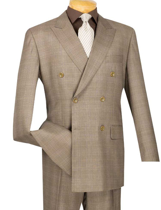 A tan Vinci Regular Fit Double Breasted Glen Plaid 2 Piece Suit, featuring gold buttons and pleated pants, paired with a brown shirt and a textured white tie, elegantly displayed on a wooden mannequin.