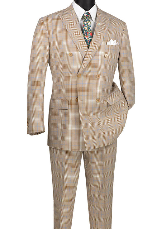 The mannequin showcases the Vinci Executive 2 Piece Double Breasted Windowpane Suit (Beige) DRW-2 by Vinci Suits, featuring wrinkle-resistant fabric, and is complemented with a floral tie and white pocket square.