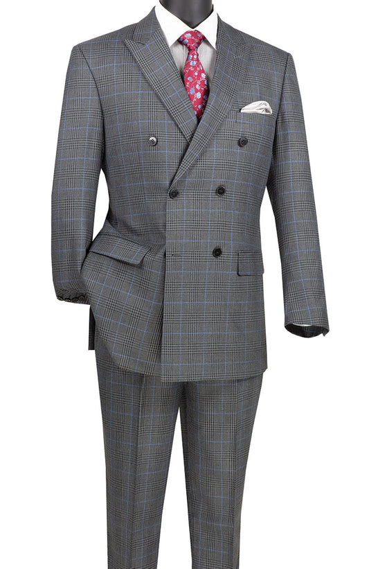 The Vinci Executive 2 Piece Double Breasted Windowpane Suit in charcoal from Vinci Suits, featuring a gray windowpane checkered design, is displayed on a mannequin with a red patterned tie and white pocket square. This wrinkle-resistant ensemble includes a stylish blazer, perfect for achieving a polished look.