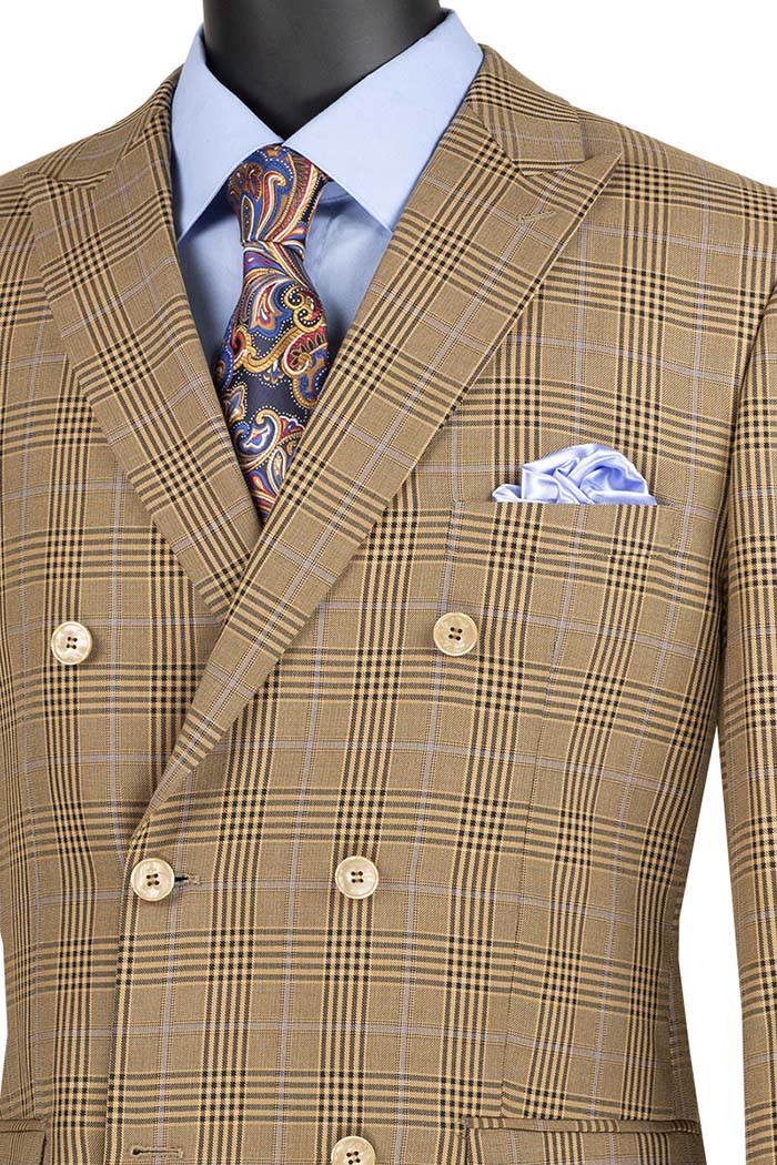 The mannequin showcases the Vinci Executive 2 Piece Double Breasted Windowpane Suit in mocha, style DRW-2 by Vinci Suits, paired elegantly with a blue dress shirt, patterned tie, and pocket square. This ensemble is both stylish and wrinkle-resistant.