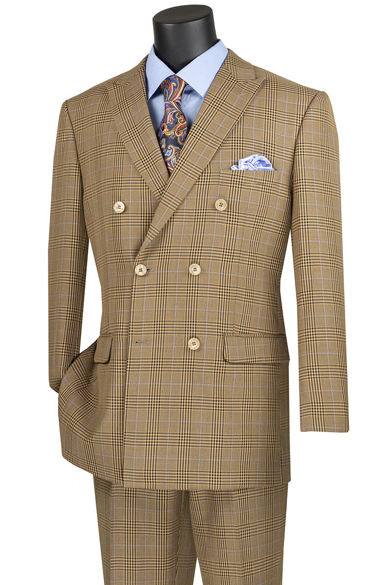 The mannequin showcases the Vinci Executive 2 Piece Double Breasted Windowpane Suit in mocha, style DRW-2 by Vinci Suits, paired elegantly with a blue dress shirt, patterned tie, and pocket square. This ensemble is both stylish and wrinkle-resistant.