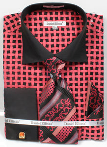 Daniel Ellissa Checker Pattern French Cuff Dress Shirt DS3782P2 Black/Coral