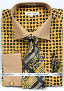 Daniel Ellissa Checker Pattern French Cuff Dress Shirt DS3782P2 Black/Mustard