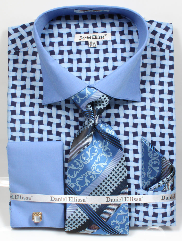 Daniel Ellissa Checker Pattern French Cuff Dress Shirt DS3782P2 Blue