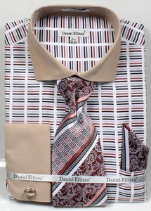 Daniel Ellissa Stripe Pattern French Cuff Dress Shirt DS3783P2 Beige
