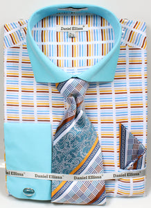 Daniel Ellissa Stripe Pattern French Cuff Dress Shirt DS3783P2 Turquoise