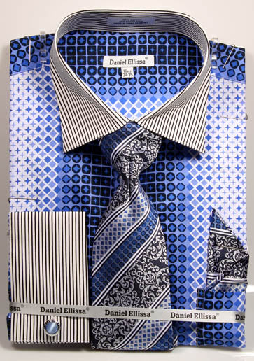 Daniel Ellissa Checker Pattern French Cuff Dress Shirt DS3786P2 Blue
