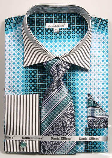 Daniel Ellissa Checker Pattern French Cuff Dress Shirt DS3786P2 Teal