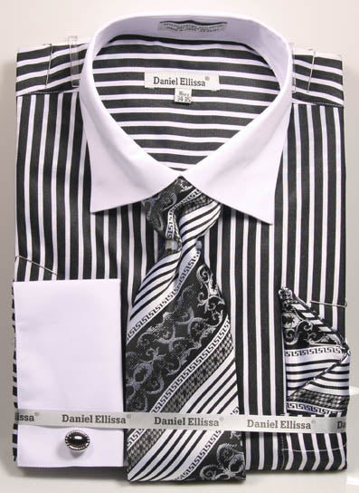 Daniel Ellissa Stripe Pattern French Cuff Dress Shirt DS3787P2 Black