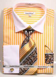 Daniel Ellissa Stripe Pattern French Cuff Dress Shirt DS3787P2 Mustard
