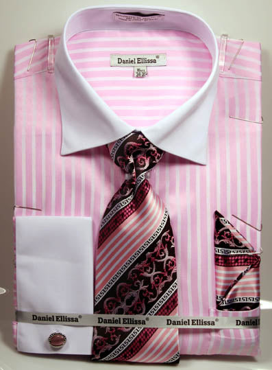 Daniel Ellissa Stripe Pattern French Cuff Dress Shirt DS3787P2 Pink