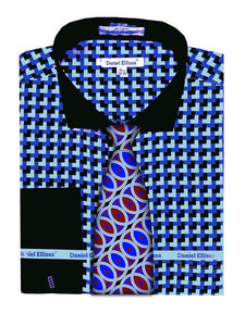 Daniel Ellissa Checker Pattern French Cuff Dress Shirt DS3788P2 Blue