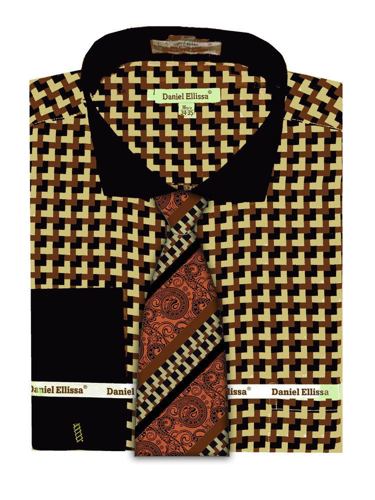 Daniel Ellissa Checker Pattern French Cuff Dress Shirt DS3788P2 Brown