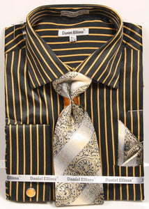 Daniel Ellissa Pinstripe French Cuff Dress Shirt DS3793P2 Black/Mustard