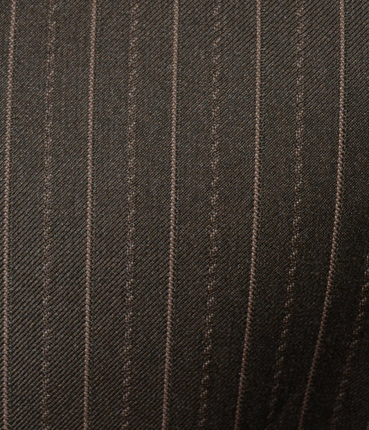 Close-up of a sophisticated Mecca Wide Leg Olive Suit RI00006 from Unique Design Menswear, featuring brown pinstripe Super 150's Hightech Fabric with vertically even stripes, perfect for crafting an elegant look.