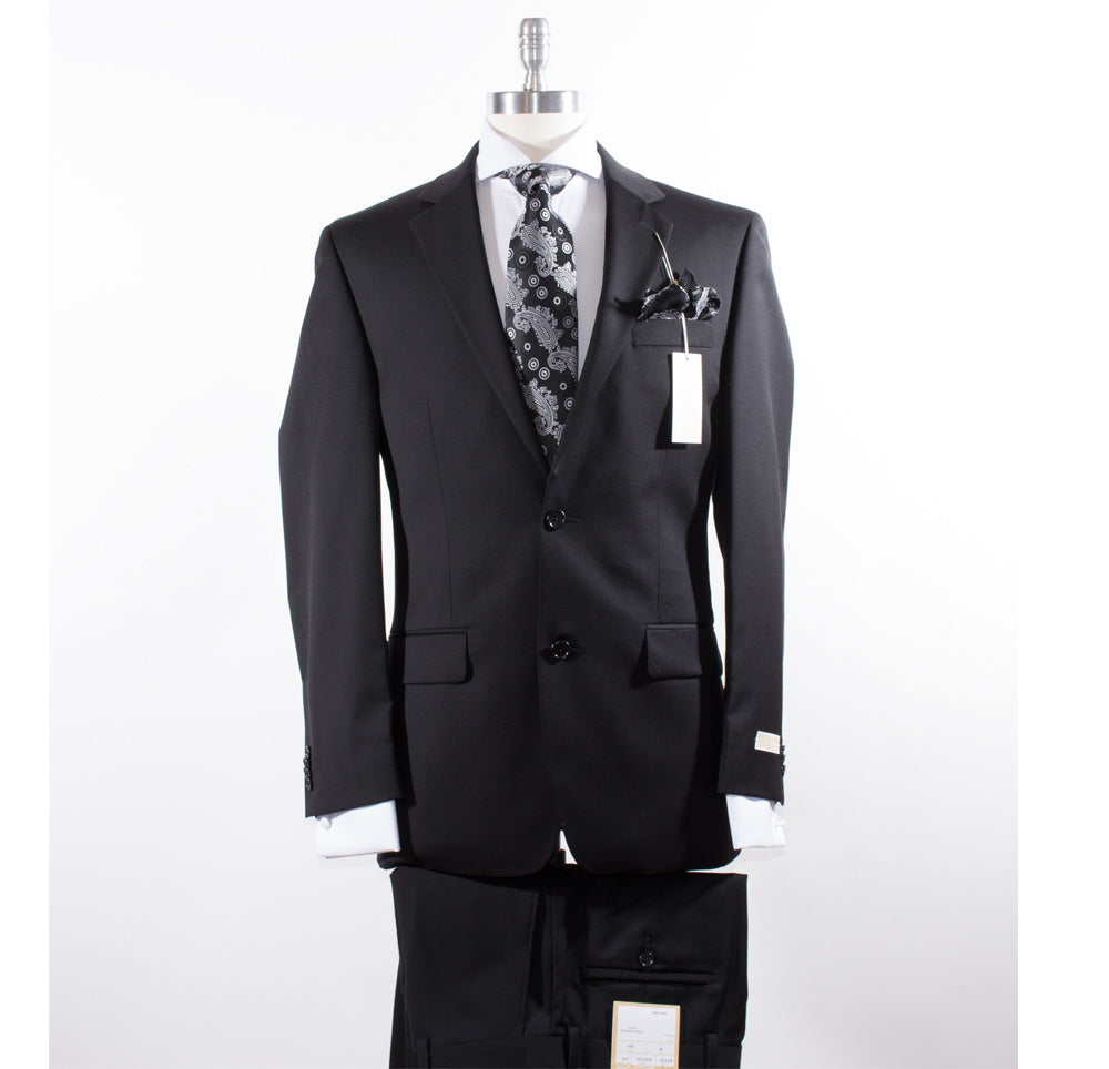 Displayed on the mannequin is a Michael Kors Modern Fit Solid Black KEVI2K2Z1151 suit, featuring a sleek 2-button jacket. It's styled with a floral tie, pocket square, and white shirt, complete with visible price tags.