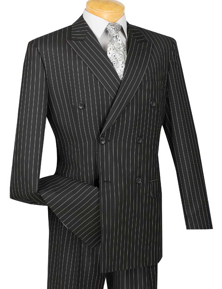 Vinci Regular Fit Double Breasted Stripe 2 Piece Suit (Black) DSS-4