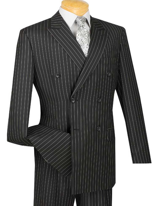 A mannequin displays a Vinci Regular Fit Double Breasted Stripe 2 Piece Suit (Black) DSS-4 with pleated pants, complemented by a white patterned tie.