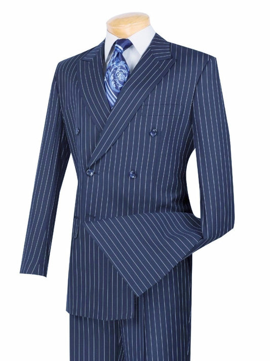 The blue Vinci Regular Fit Double Breasted Stripe 2 Piece Suit (DSS-4) from Vinci Suits is expertly paired with a visible shirt and patterned tie on this mannequin, featuring regular-fit double-pleated pants.