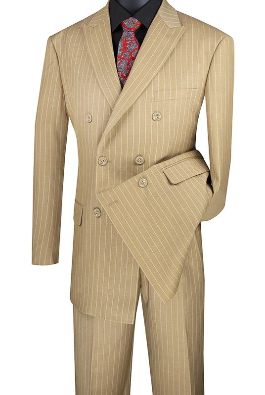 A Vinci Regular Fit Double Breasted Stripe 2 Piece Suit in camel color, model DSS-4 by Vinci Suits, is showcased on a mannequin against a black background. The suit features double pleated pants and is paired with a red patterned tie.