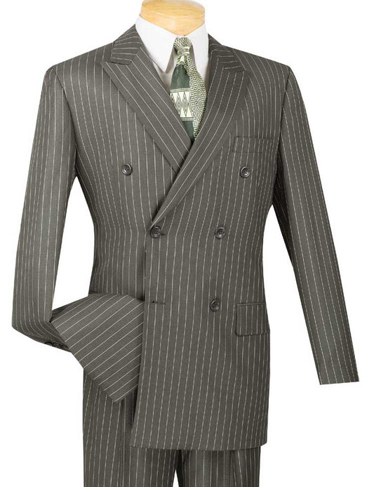 The mannequin showcases a Vinci Regular Fit Double Breasted Stripe 2 Piece Suit in charcoal, featuring pleated pants and a green patterned tie, enhanced by side vents for a modern touch.