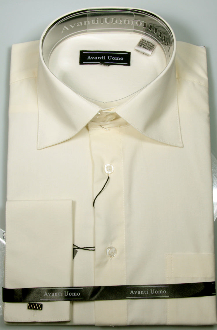 Folded ecru Avanti Uomo French cuff dress shirt, featuring a pointed collar and wrapped in branded AVANTI UOMO packaging.