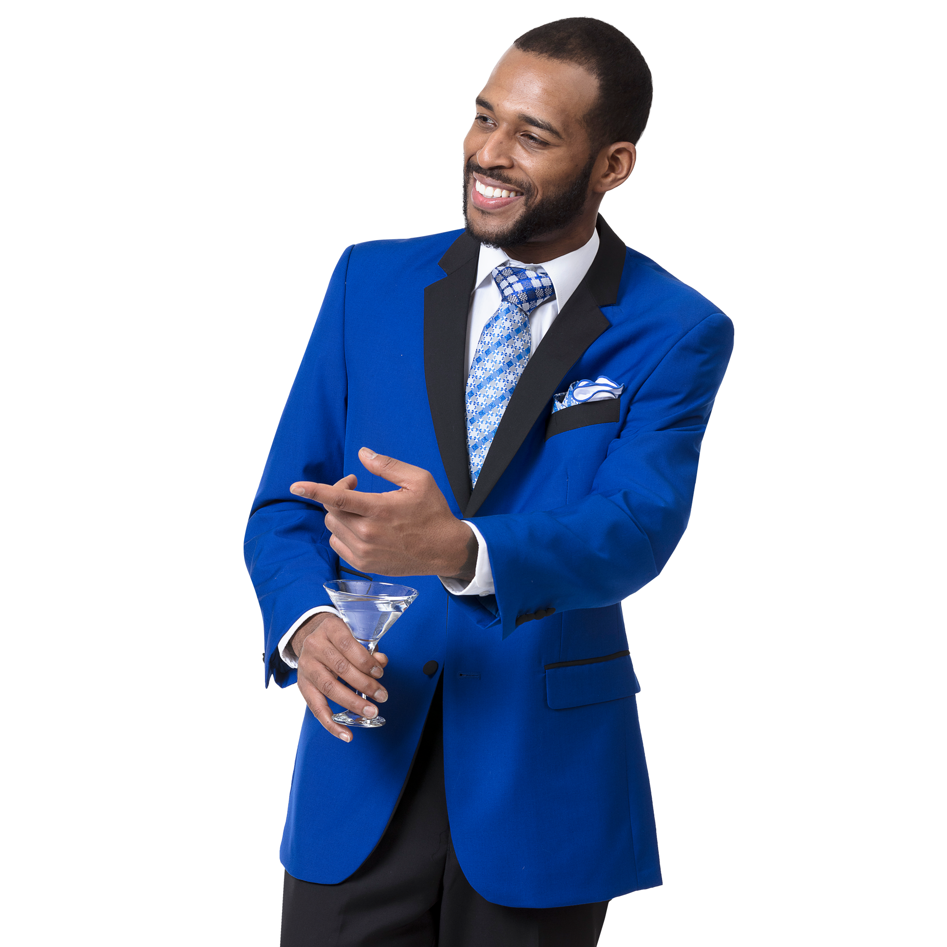 A man in an EJ Samuel Royal Tuxedo (M3211) from EJ SAMUEL, featuring a vivid blue color with black trim, holds a martini glass and gestures with a smile.