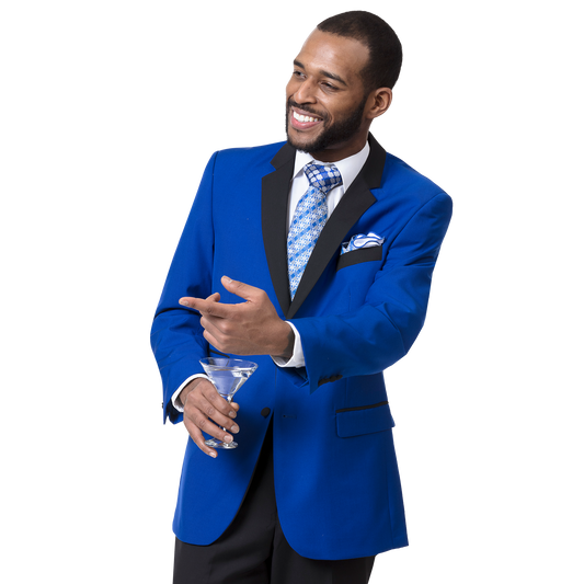 A man in an EJ Samuel Royal Tuxedo (M3211) from EJ SAMUEL, featuring a vivid blue color with black trim, holds a martini glass and gestures with a smile.