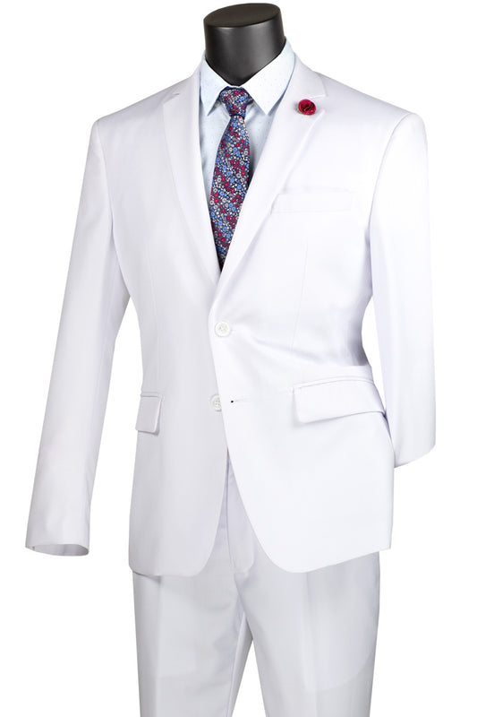 A mannequin elegantly displays the Vinci Executive 2 Piece Suit in white by Vinci Suits, featuring a single-breasted two-button jacket. The ensemble is complemented by a red patterned tie, a crisp white shirt, and a striking red lapel pin.