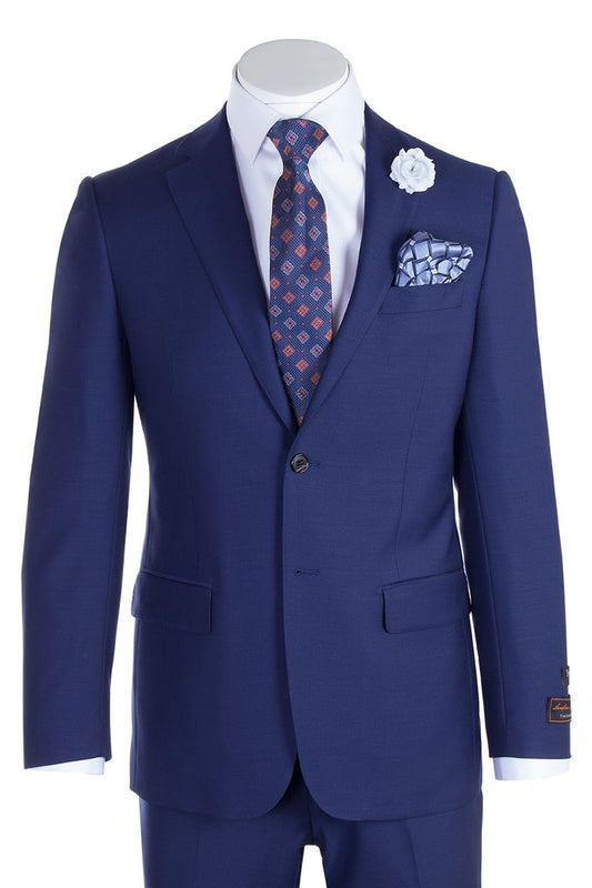 A mannequin dressed in the Tiglio Luxe Novello Modern Fit French Blue suit from Unique Design Menswear, perfectly complemented by a white shirt, patterned tie, pocket square, and a white lapel flower exudes artistry and sophistication.