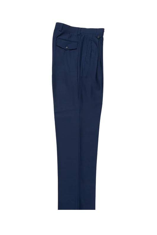 The Tiglio Luxe French Blue Wide Leg Pure Wool Dress Pants 2576 by Tiglio Luxe are made from premium pure wool and include side pockets and belt loops. They are neatly folded and showcased against a white background.